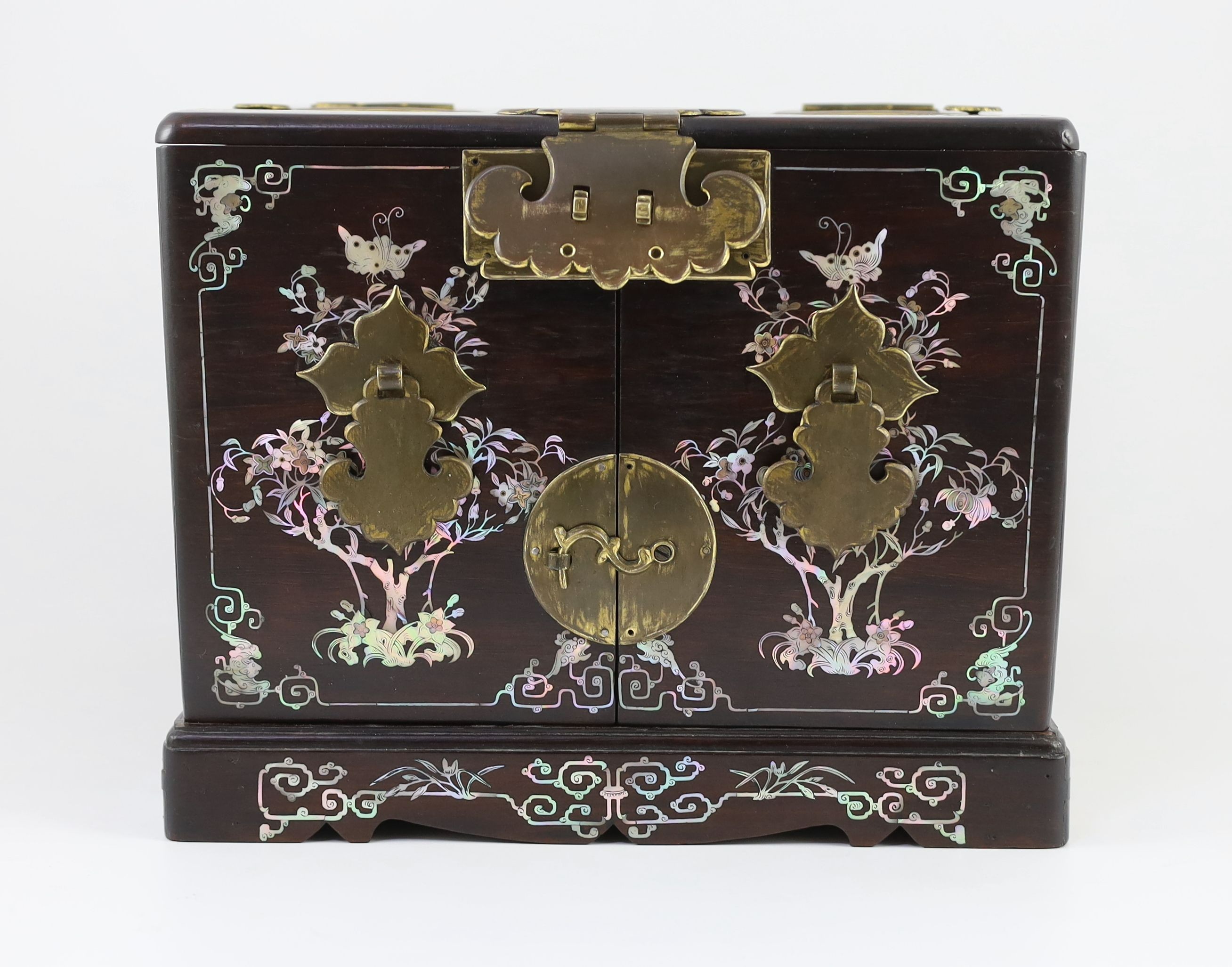 A Chinese hongmu and mother-of-pearl make up or jewellery box, late 19th century, 36 cm x 27 cm